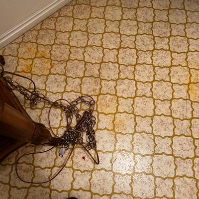 MCM Swag Chain Lamp Wood and Metal + Fiberglass Shade