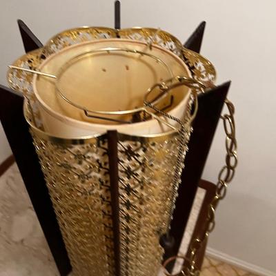 MCM Swag Chain Lamp Wood and Metal + Fiberglass Shade