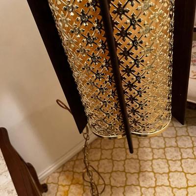 MCM Swag Chain Lamp Wood and Metal + Fiberglass Shade