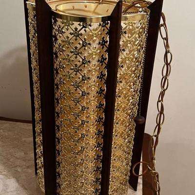 MCM Swag Chain Lamp Wood and Metal + Fiberglass Shade