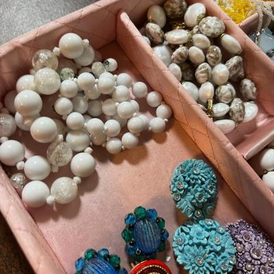 Pink Satin Quilted Tray with Cool old Earrings. 