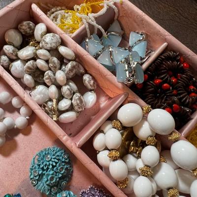 Pink Satin Quilted Tray with Cool old Earrings. 