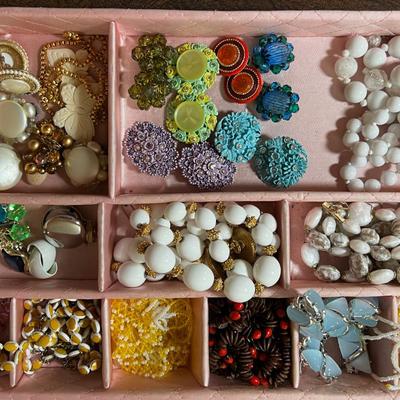 Pink Satin Quilted Tray with Cool old Earrings. 