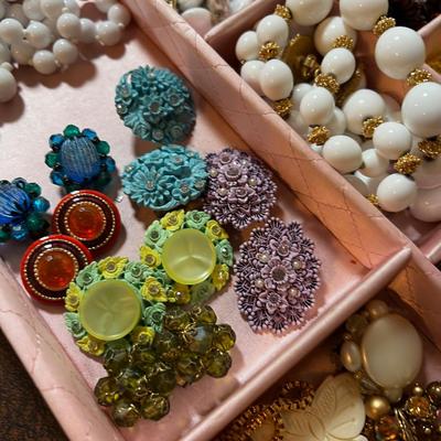 Pink Satin Quilted Tray with Cool old Earrings. 