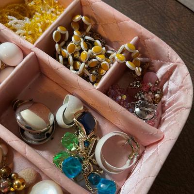 Pink Satin Quilted Tray with Cool old Earrings. 