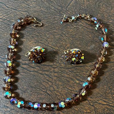 Faceted Glass Bead Necklace and Clip on Earrings