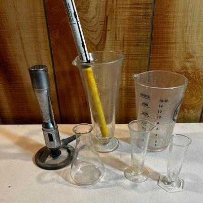 Beakers, Bunsen Burner; Science items. 