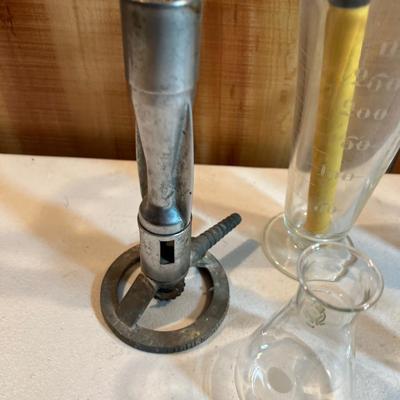 Beakers, Bunsen Burner; Science items. 