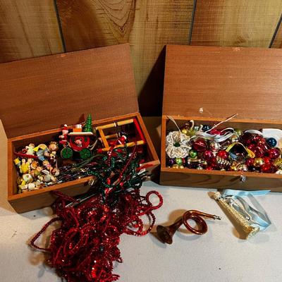 2 old Wood Boxes with Wood Ornaments