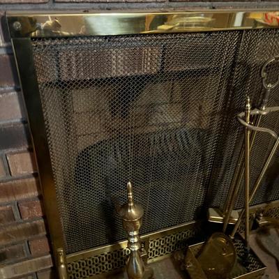 Brass Toned Fireplace Screen with And Irons 