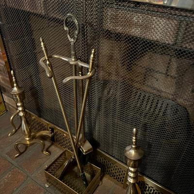 Brass Toned Fireplace Screen with And Irons 