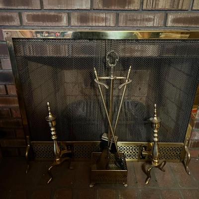 Brass Toned Fireplace Screen with And Irons 