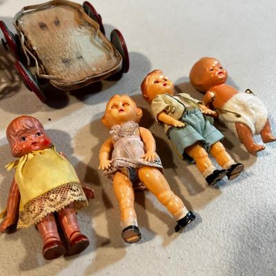Antique Bisque And Plastic Dolls 3-1/2" + Stroller 