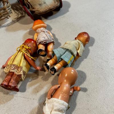 Antique Bisque And Plastic Dolls 3-1/2" + Stroller 