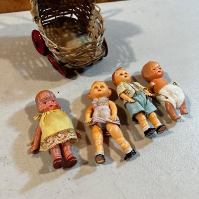 Antique Bisque And Plastic Dolls 3-1/2" + Stroller 