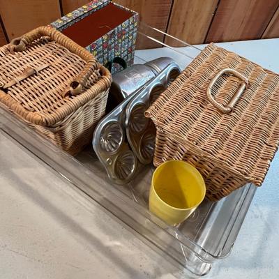 Doll Picnic Baskets, Tins, Coffee Pot 