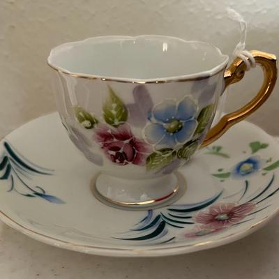 Blue/Pink/Purple Floral Teacup & Saucer