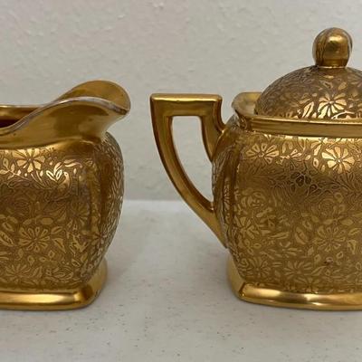 Pickard Rose & Daisy Gold Embossed Porcelain Sugar & Creamer Set