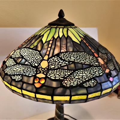 Lot #130  2 Bulb Decorator Tiffany Style Table Lamp - Dragonfly motif