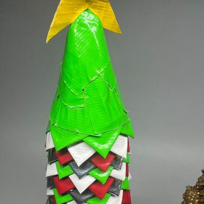 Lot of Tall Thin Christmas Tree Decorative Decor Duct Tape Crafted, Gold Spray Painted Pinecones, & Metal Wire Tree