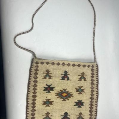 Vintage Handmade Southwestern Geometric Peruvian Woven Wool Fabric Travel Satchel Purse Bag