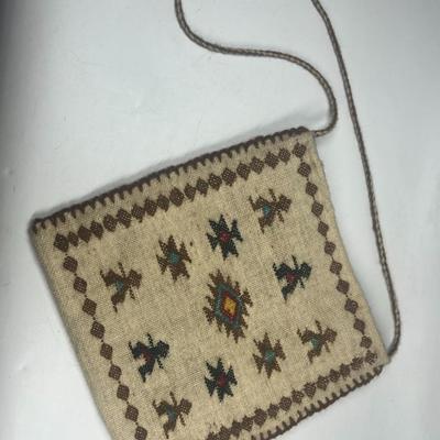 Vintage Handmade Southwestern Geometric Peruvian Woven Wool Fabric Travel Satchel Purse Bag