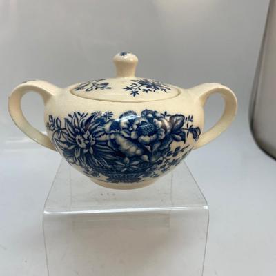 Vintage Cobalt Blue Floral Pattern Ceramic Lidded Sugar Bowl Milady's Bouquet Japan