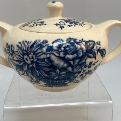 Vintage Cobalt Blue Floral Pattern Ceramic Lidded Sugar Bowl Milady's Bouquet Japan
