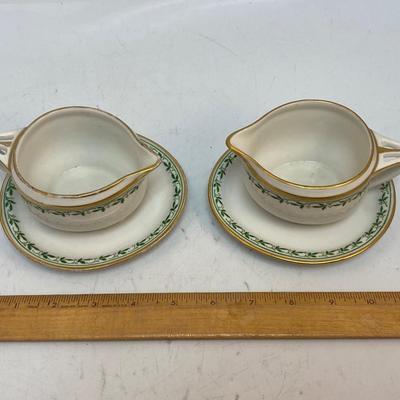 Pair of Christmas Holiday Holly Leaf Pattern Small Sauce Gravy Boats with Attached Drip Plates H&C Chodau