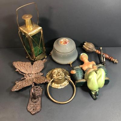 LOT 120M: Home Decor Collection: Lantern w/ Green Glass, Metal Butterfly, Door Knocker & More