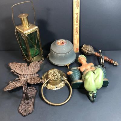 LOT 120M: Home Decor Collection: Lantern w/ Green Glass, Metal Butterfly, Door Knocker & More