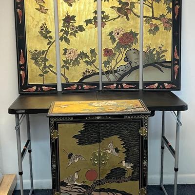 LOT 212: Asian Inspired Home Decor - Cabinet and Hanging Wall Panels