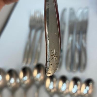 Tudor Plate Silverware Flatware Set for 4 with Red Plastic Caddy & Serving Pieces