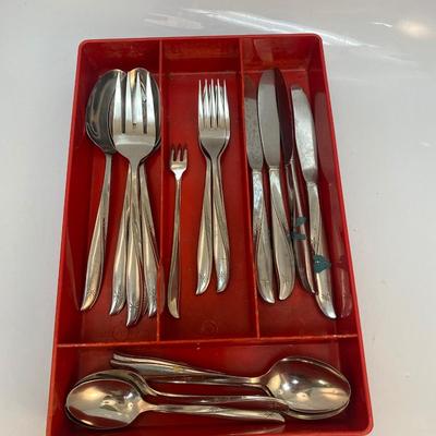 Tudor Plate Silverware Flatware Set for 4 with Red Plastic Caddy & Serving Pieces