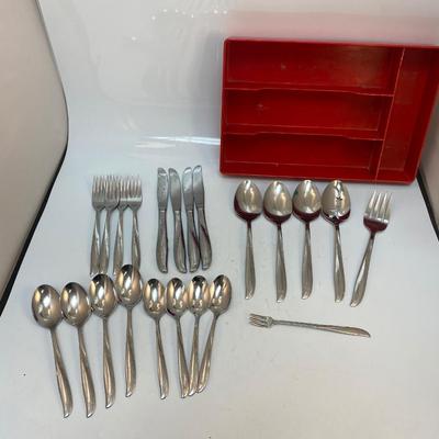 Tudor Plate Silverware Flatware Set for 4 with Red Plastic Caddy & Serving Pieces