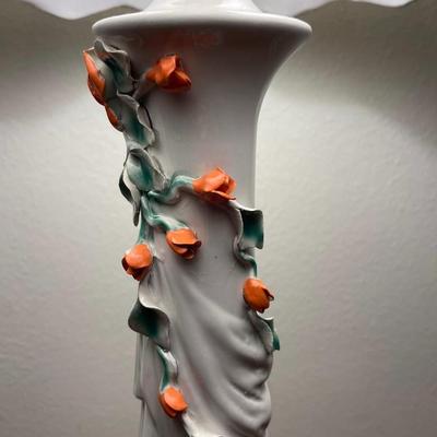 Vintage Table Lamp White Coral Floral Ceramic Large w/Shade Estate MCM