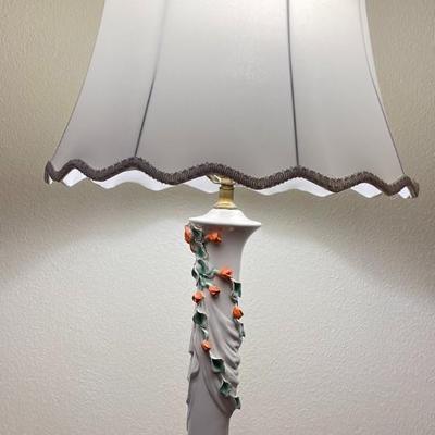 Vintage Table Lamp White Coral Floral Ceramic Large w/Shade Estate MCM