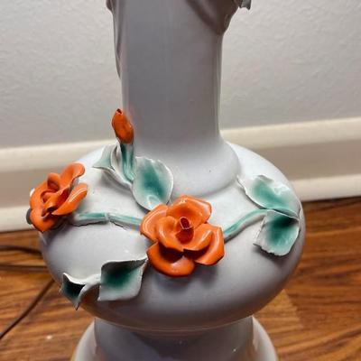 Vintage Table Lamp White Coral Floral Ceramic Large w/Shade Estate MCM
