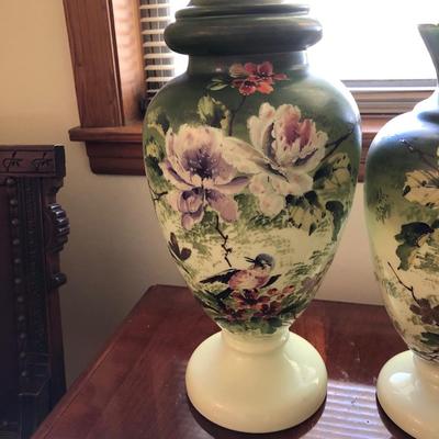 2 beautiful hand painted vases/urns/ ginger jar