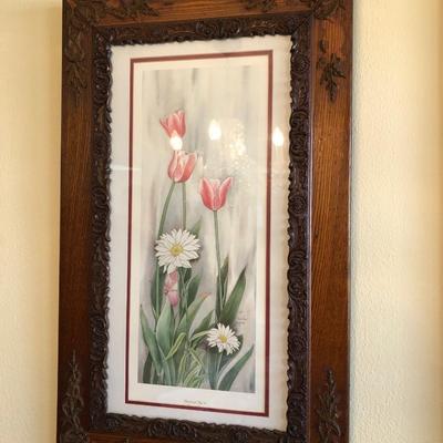 2 antique wood carved frames with prints