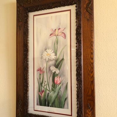2 antique wood carved frames with prints