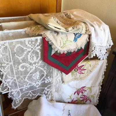 2 bins of antique tablecloths and napkins