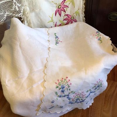 2 bins of antique tablecloths and napkins