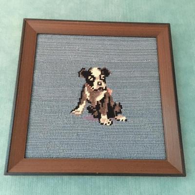wood framed sitting dog needlepoint