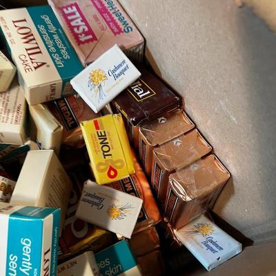 Box of Soaps and Lotions and Shampoos. 