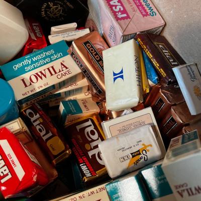 Box of Soaps and Lotions and Shampoos. 