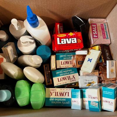 Box of Soaps and Lotions and Shampoos. 