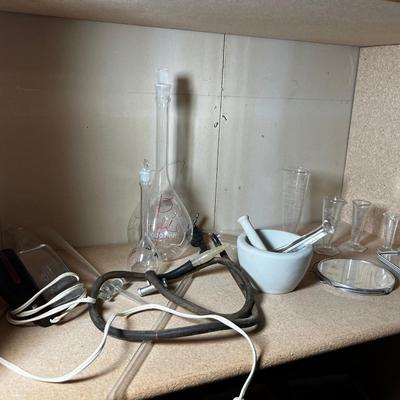 Shelf Full of Chemistry Beakers, Mortar & Pestle etc. 