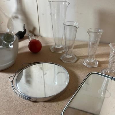 Shelf Full of Chemistry Beakers, Mortar & Pestle etc. 