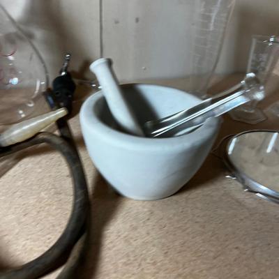 Shelf Full of Chemistry Beakers, Mortar & Pestle etc. 